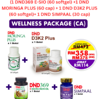 package kesihatan ca: (1 dnd369 e sio (60 softgel) +1 dnd moringa plus (60 cap) + 1 dnd d3k2 plus (60 softgel)+ 1 dnd simpaal (30 cap)