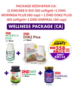 package kesihatan ca: (1 dnd369 e sio (60 softgel) +1 dnd moringa plus (60 cap) + 1 dnd d3k2 plus (60 softgel)+ 1 dnd simpaal (30 cap)