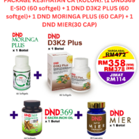 package kesihatan ca (kolon): (1 dnd369 e sio (60 softgel) + 1 dnd d3k2 plus (60 softgel)+ 1 dnd moringa plus (60 cap) + 1 dnd mier(30 cap)