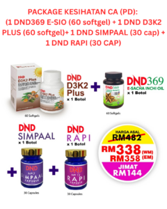 package kesihatan ca (pd): (1 dnd369 e sio (60 softgel) + 1 dnd d3k2 plus (60 softgel)+ 1 dnd simpaal (30 cap) + 1 dnd rapi (30 cap)